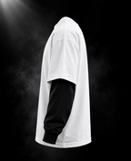 Side view of DUST OF GODS white oversized doctor sleeve unisex T-shirt with contrasting black long sleeves