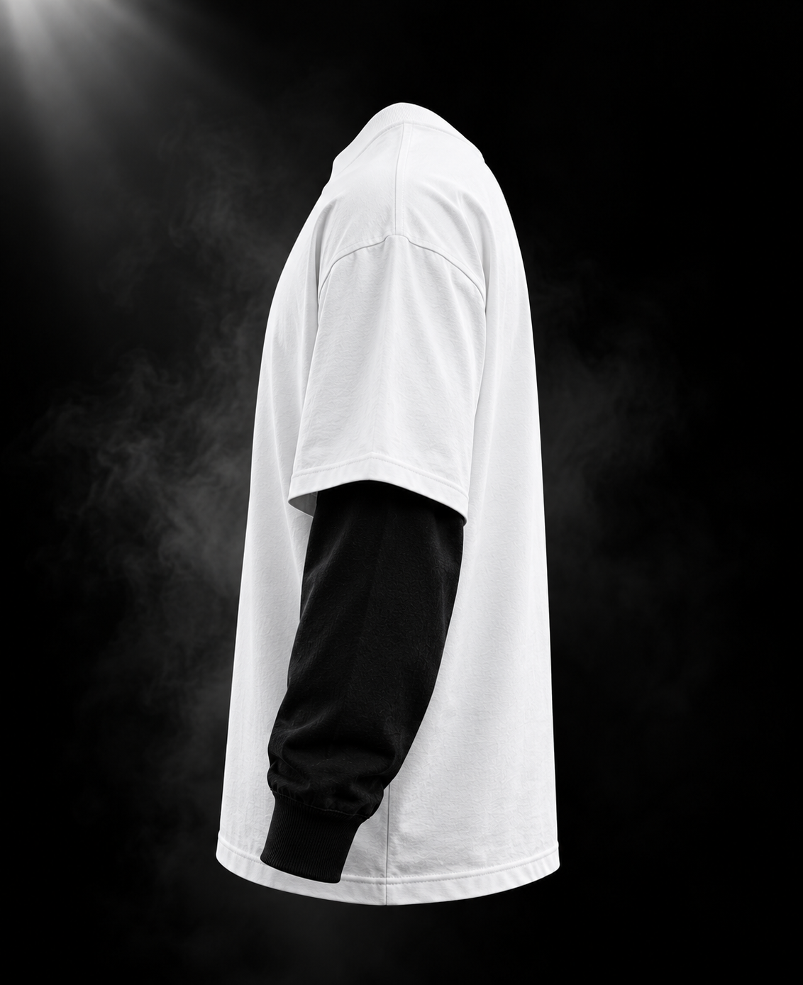 Side view of DUST OF GODS white oversized doctor sleeve unisex T-shirt with contrasting black long sleeves
