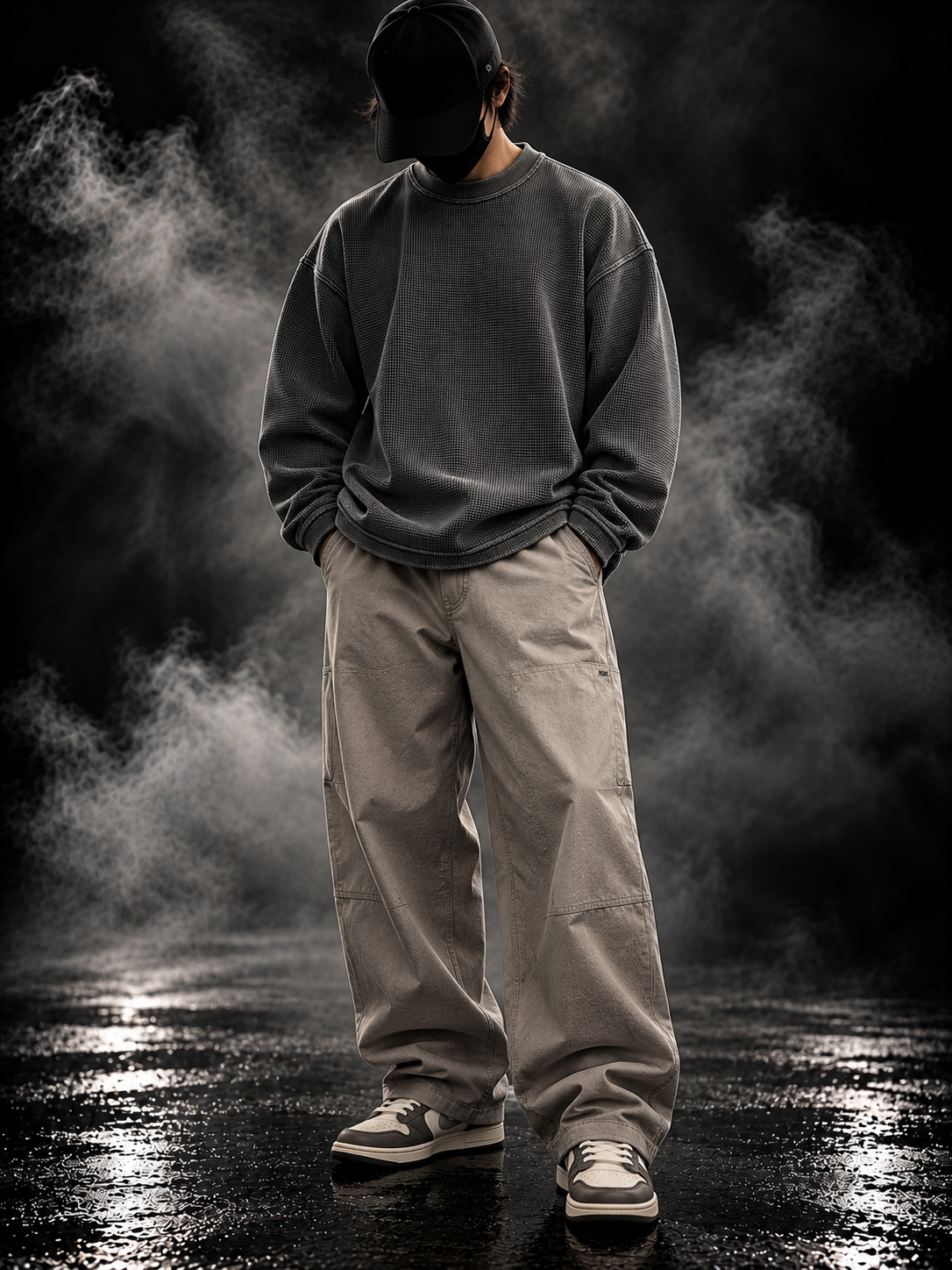 DUST OF GODS Originals acidwash waffle knit oversized unisex full-sleeve t-shirt styled look