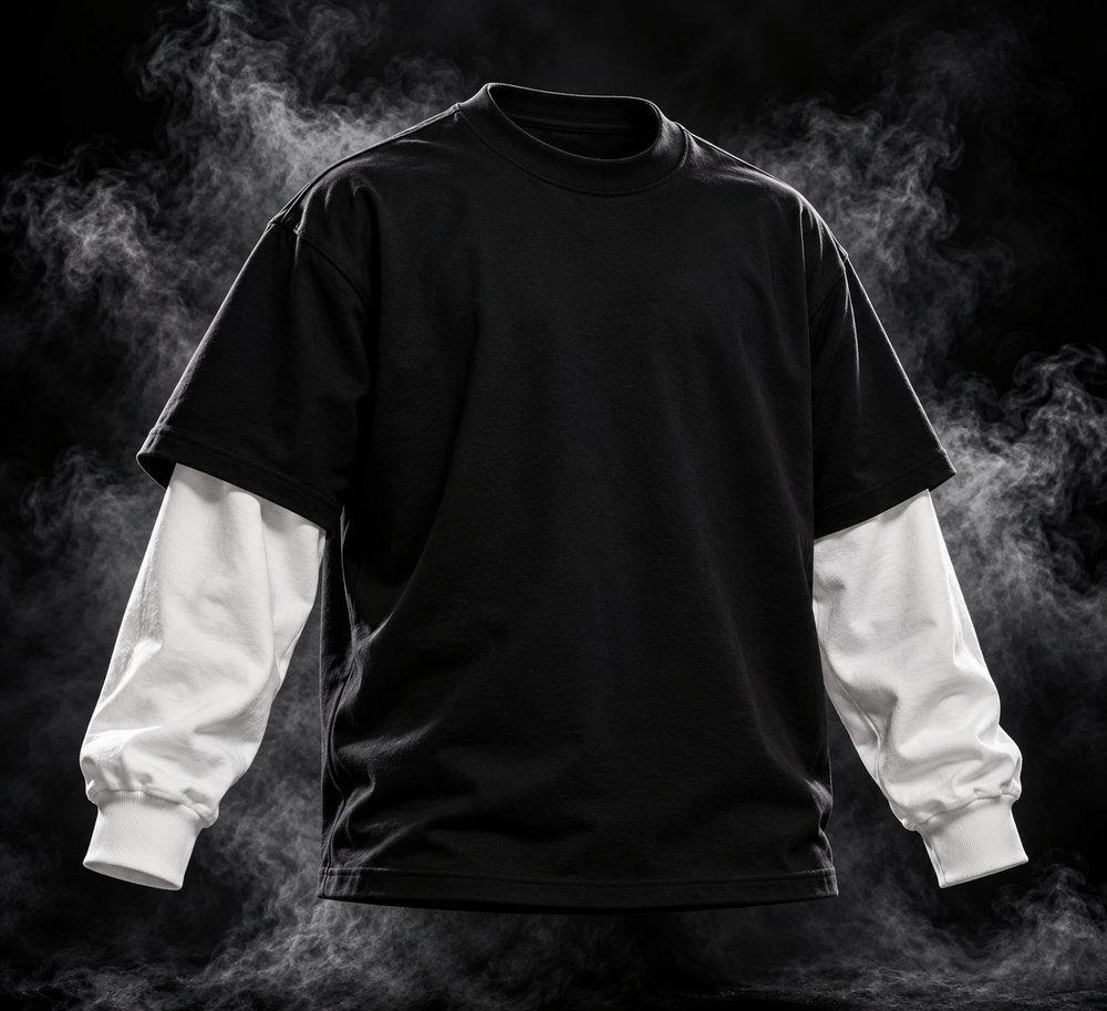 DUST OF GODS Originals black layered sleeve oversized unisex T-shirt front