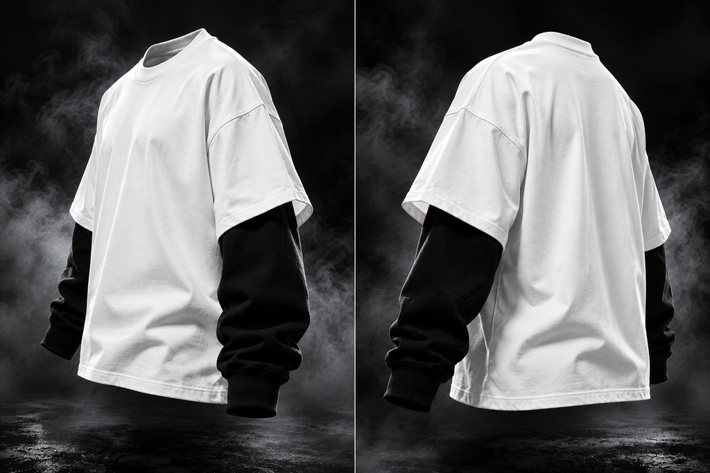 DUST OF GODS Originals layered sleeve oversized white t-shirt angled view