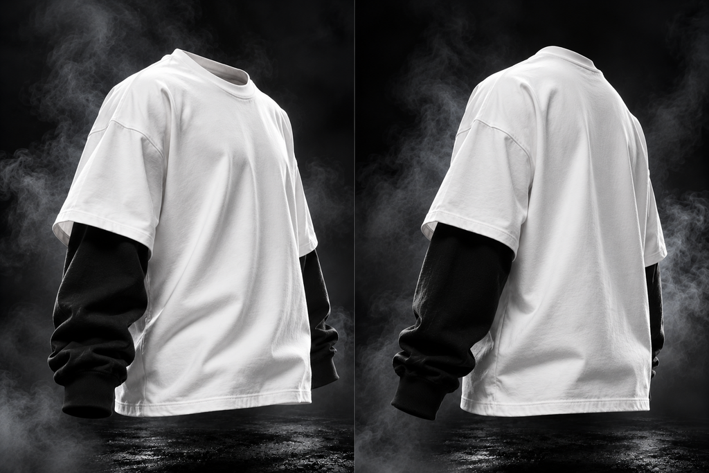 DUST OF GODS Originals layered sleeve oversized white t-shirt angled back view
