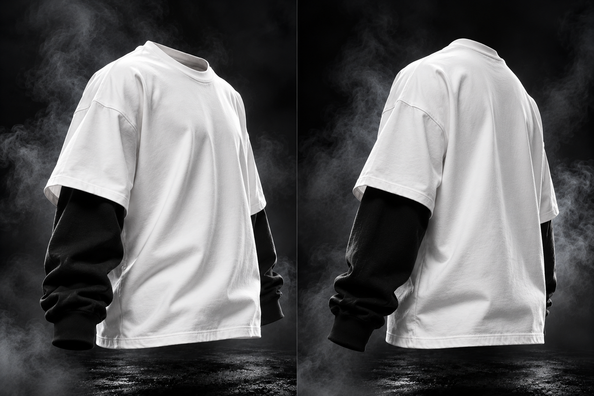 DUST OF GODS Originals layered sleeve oversized white t-shirt angled back view