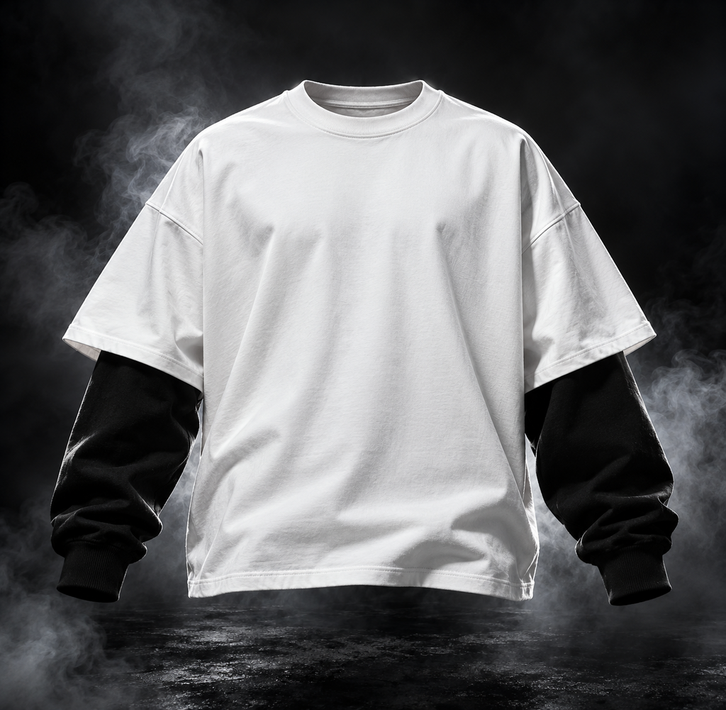 DUST OF GODS Originals layered sleeve oversized white t-shirt front