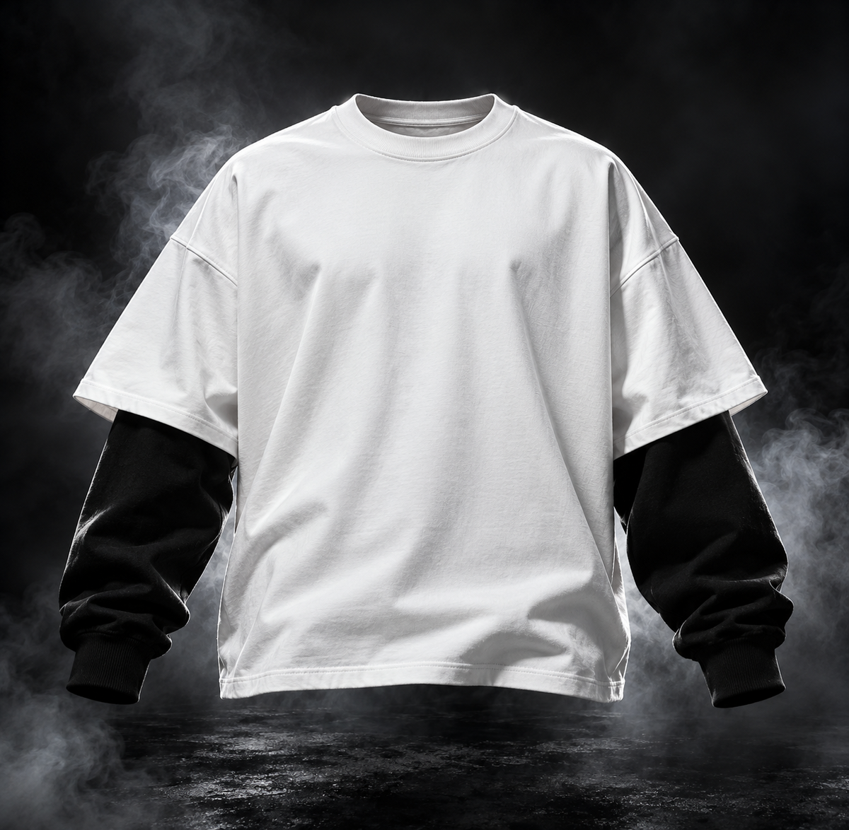 DUST OF GODS Originals layered sleeve oversized white t-shirt front