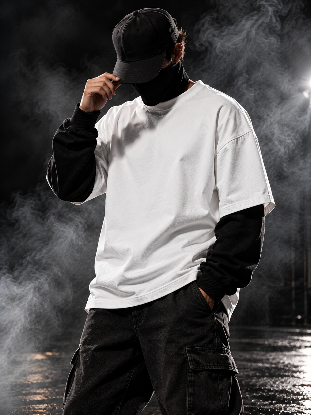 DUST OF GODS Originals layered sleeve oversized white t-shirt styled model