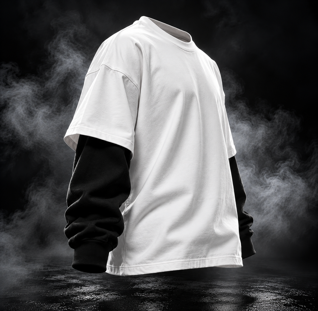 DUST OF GODS Originals layered sleeve oversized white t-shirt side view