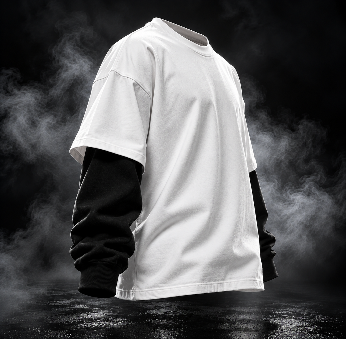 DUST OF GODS Originals layered sleeve oversized white t-shirt side view