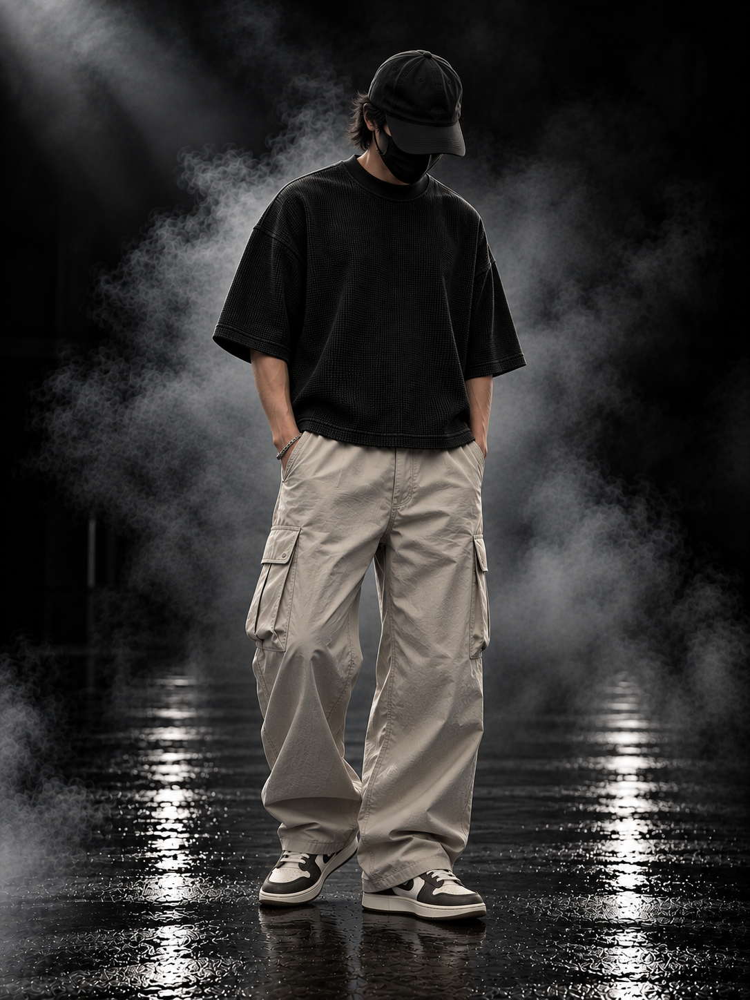 DUST OF GODS Originals black waffle boxy unisex T-shirt styled with off-white cargo trousers