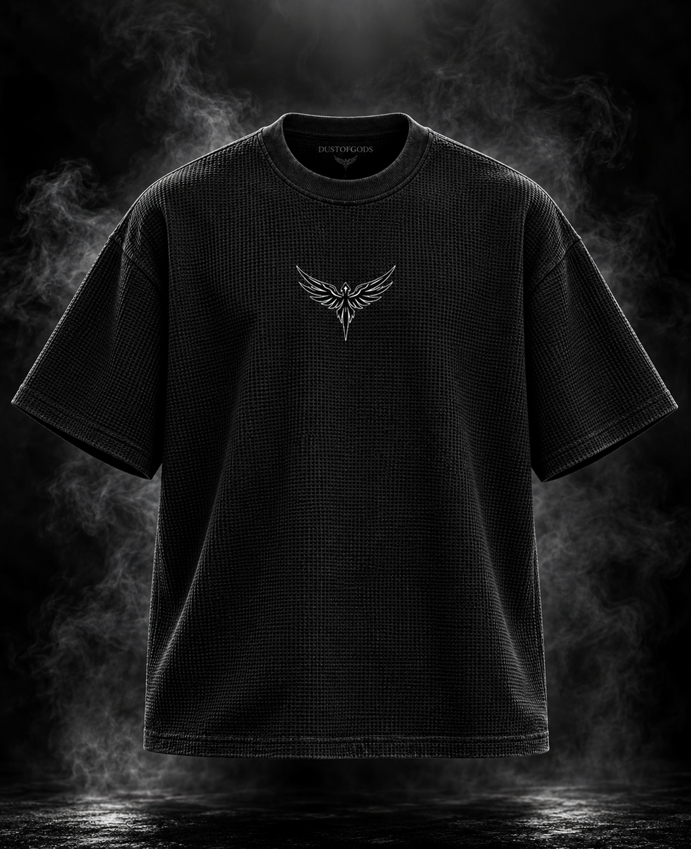 DUST OF GODS Originals waffle boxy cropped fit black unisex T-shirt front with wing graphic