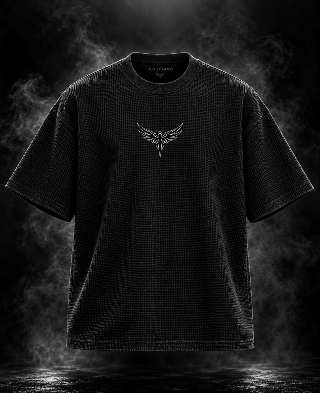 DUST OF GODS Originals waffle boxy cropped fit black unisex T-shirt front with wing graphic
