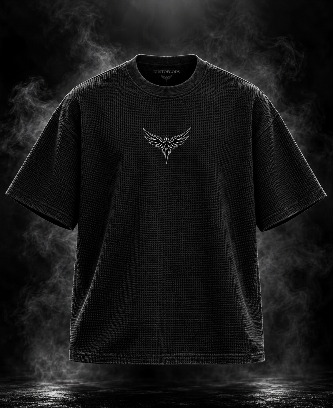 DUST OF GODS Originals waffle boxy cropped fit black unisex T-shirt front with wing graphic