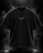 DUST OF GODS Originals waffle boxy cropped fit black unisex T-shirt front with wing graphic