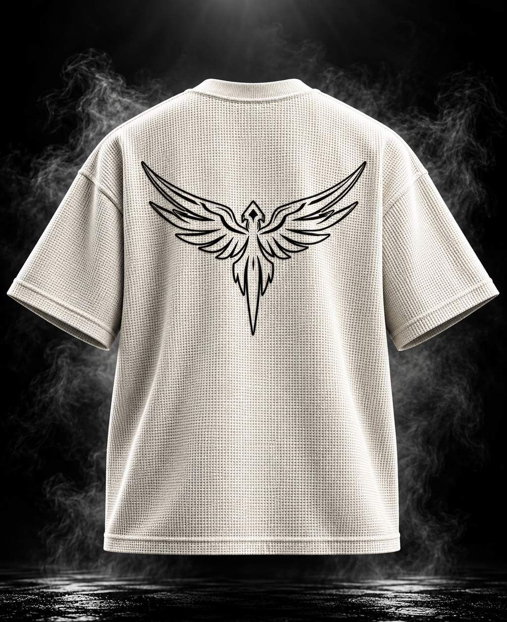 DUST OF GODS Originals waffle boxy cropped fit off-white unisex T-shirt back with wing graphic