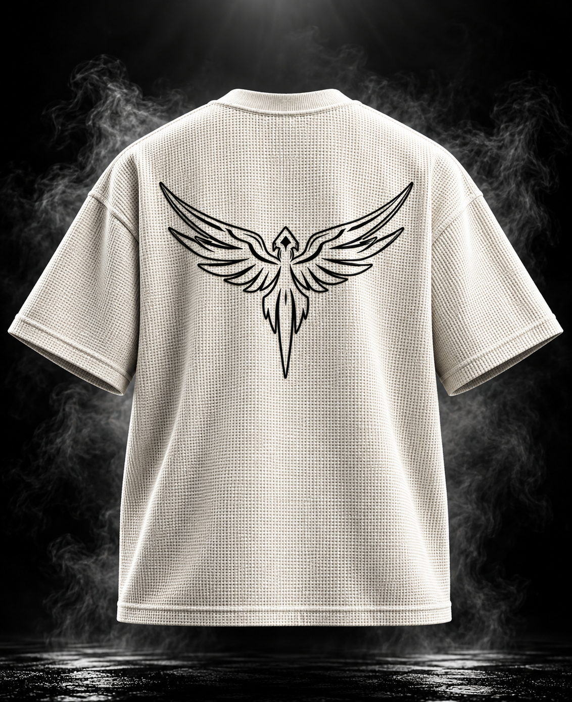 DUST OF GODS Originals waffle boxy cropped fit off-white unisex T-shirt back with wing graphic