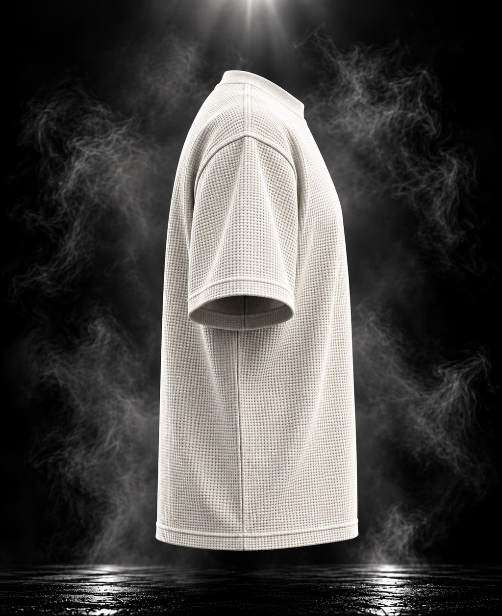 DUST OF GODS Originals waffle boxy cropped fit off-white unisex T-shirt side view showing sleeve and texture
