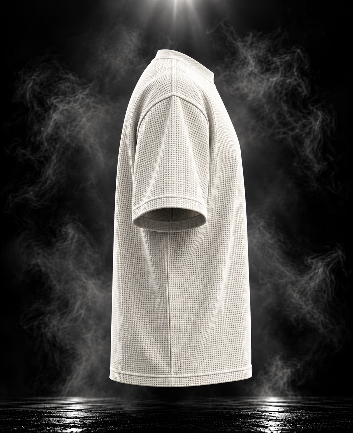 DUST OF GODS Originals waffle boxy cropped fit off-white unisex T-shirt side view showing sleeve and texture