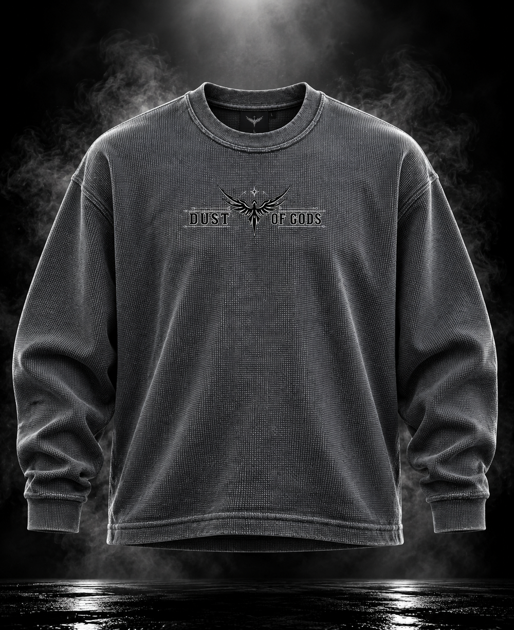 DUSTOFGODS Originals washed charcoal textured full-sleeve crewneck front with centered wing logo