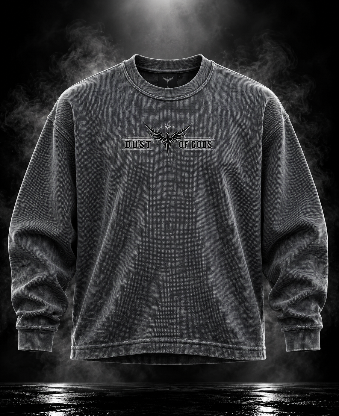 DUSTOFGODS Originals washed charcoal textured full-sleeve crewneck front with centered wing logo