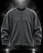 DUSTOFGODS Originals washed charcoal textured full-sleeve crewneck front with centered wing logo