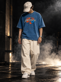 DUST OF GODS The Gaze denim wash boxy unisex T-shirt front styling with graphic