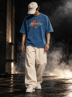 DUST OF GODS The Gaze denim wash boxy unisex T-shirt front styling with graphic