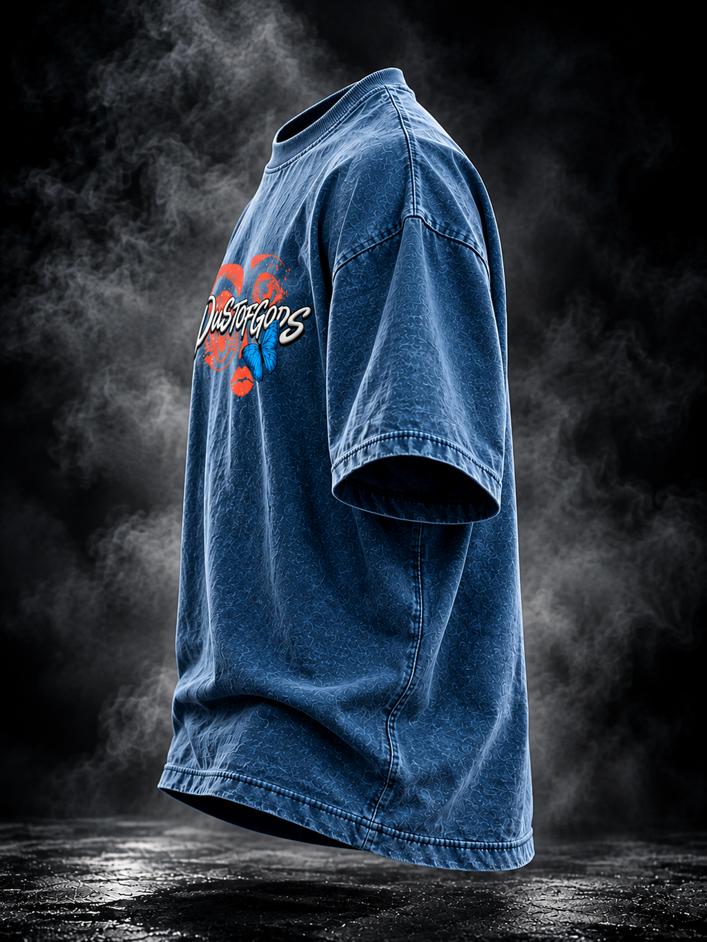 DUST OF GODS The Gaze denim wash boxy unisex T-shirt side view