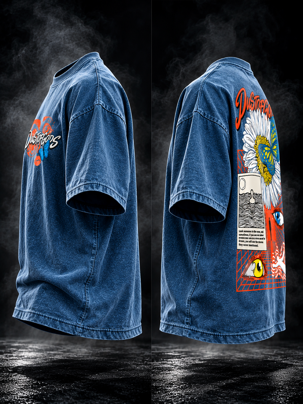 DUST OF GODS The Gaze denim wash boxy unisex T-shirt front and back graphic detail
