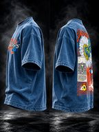 DUST OF GODS The Gaze denim wash boxy unisex T-shirt front and back graphic detail
