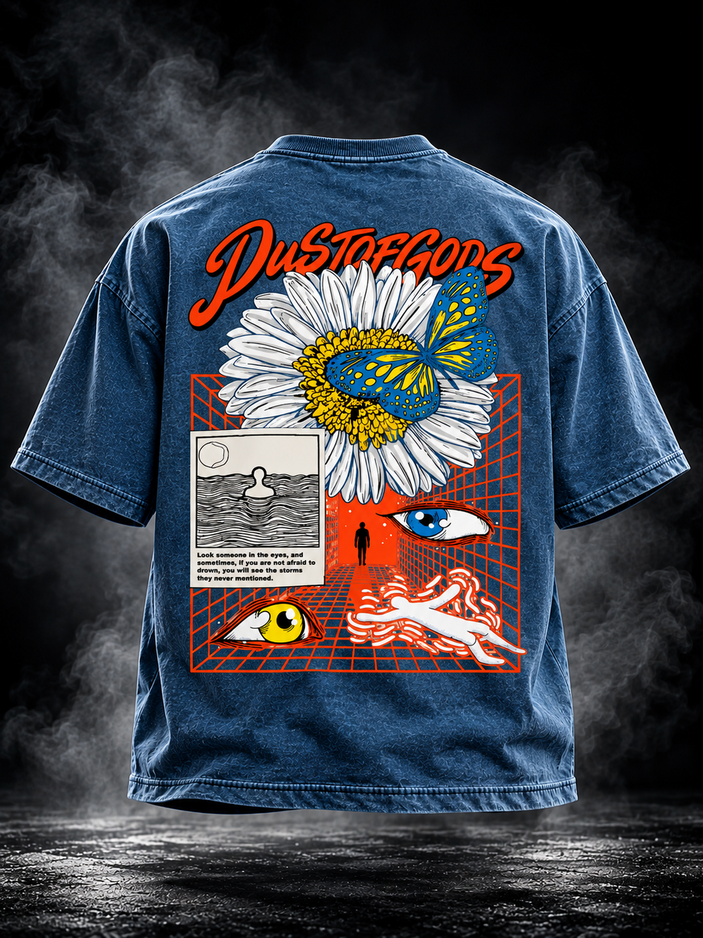 DUST OF GODS The Gaze denim wash boxy unisex T-shirt back view with large eye and flower graphic