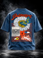 DUST OF GODS The Gaze denim wash boxy unisex T-shirt back view with large eye and flower graphic