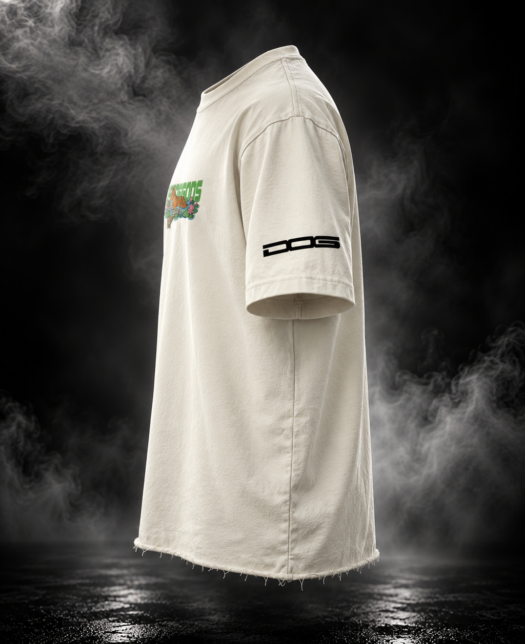 DUST OF GODS Tiger Lotus off-white boxy fit unisex T-shirt side view with black D.O.G.S. sleeve mark