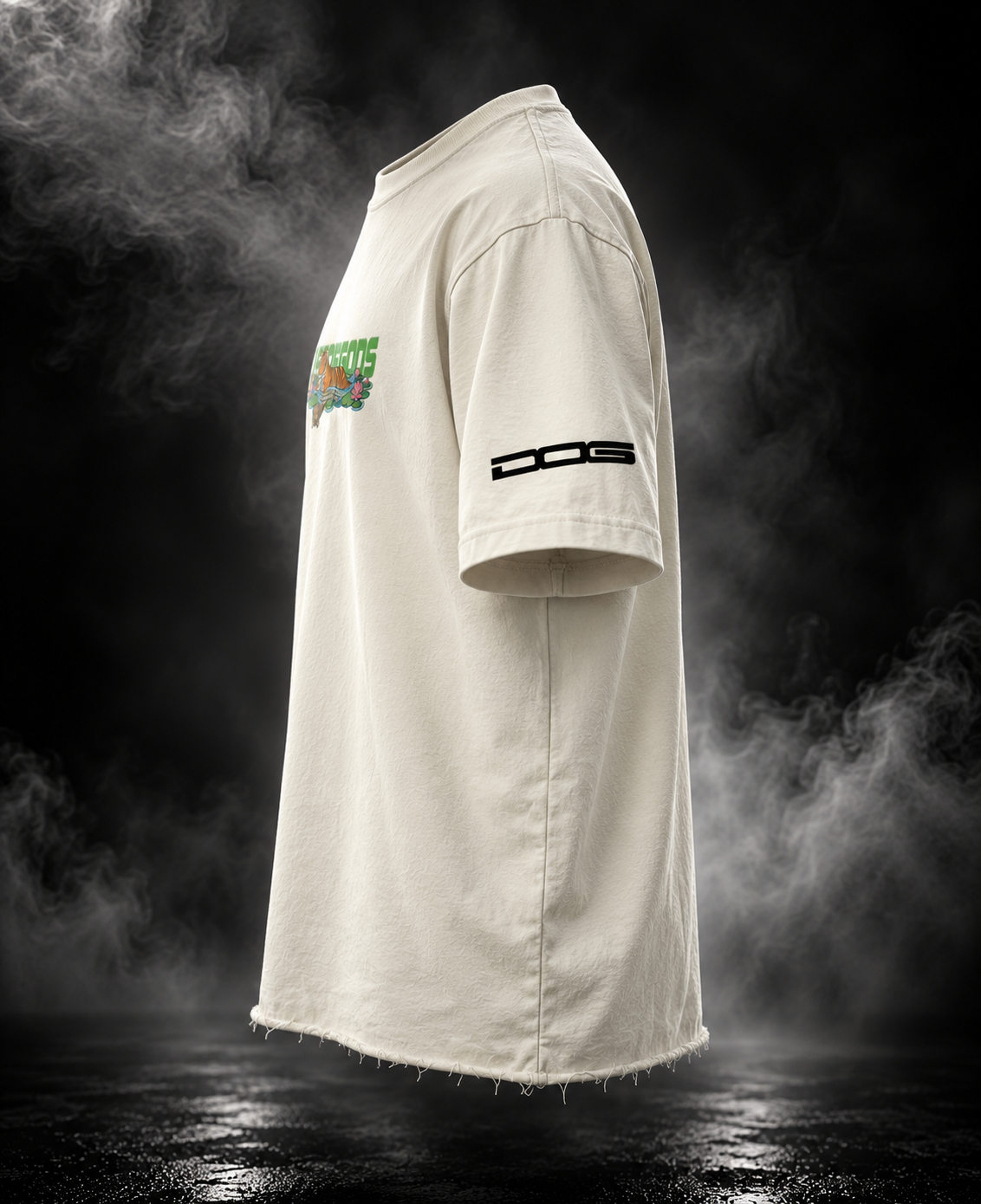 DUST OF GODS Tiger Lotus off-white boxy fit unisex T-shirt side view with black D.O.G.S. sleeve mark
