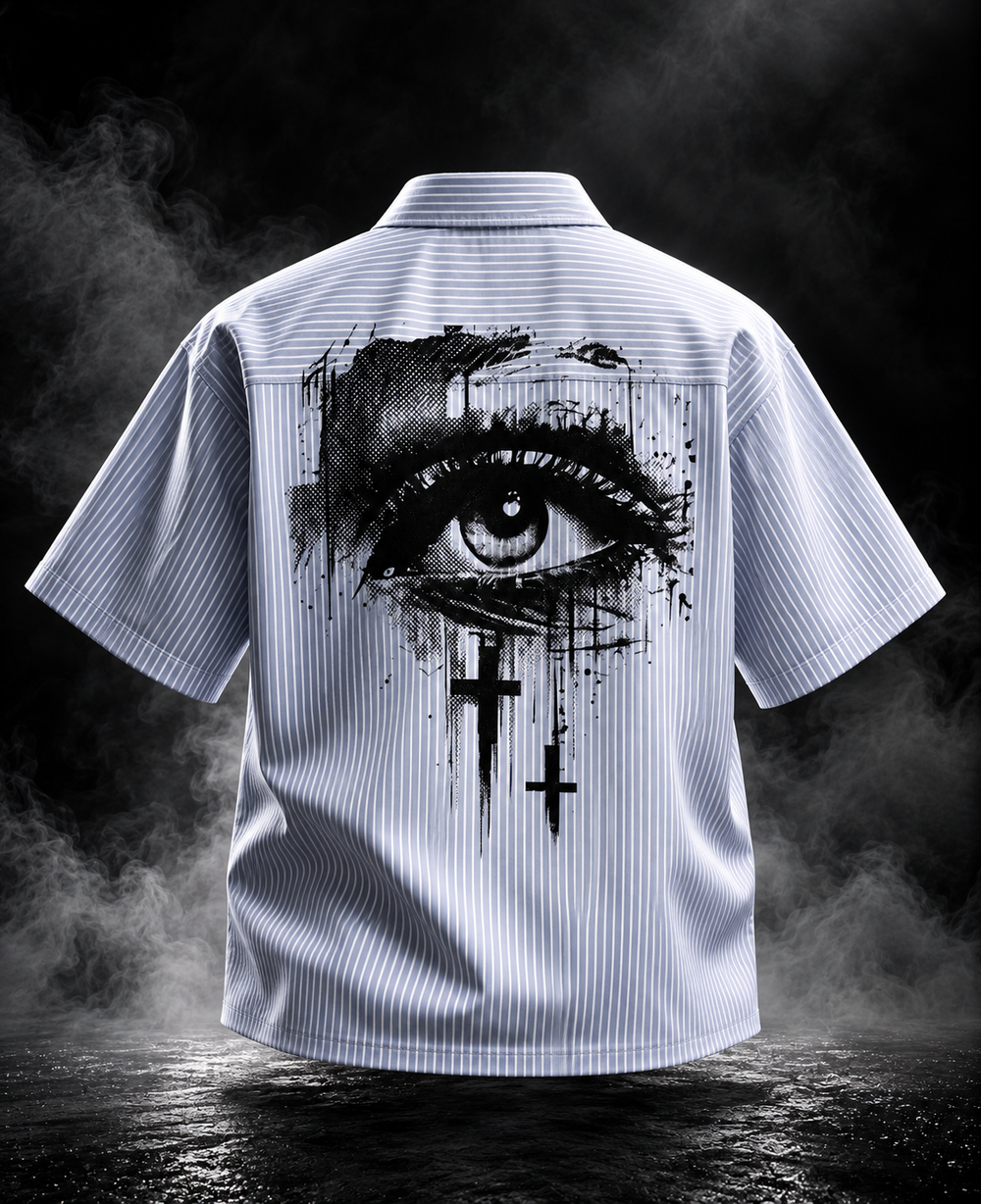 DUSTOFGODS Eyes boxy fit unisex striped shirt in light blue with large black eye graphic and cross motifs on the back