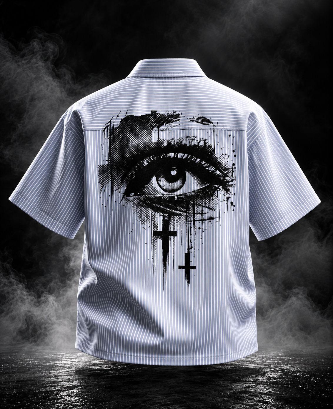 DUSTOFGODS Eyes boxy fit unisex striped shirt in light blue with large black eye graphic and cross motifs on the back