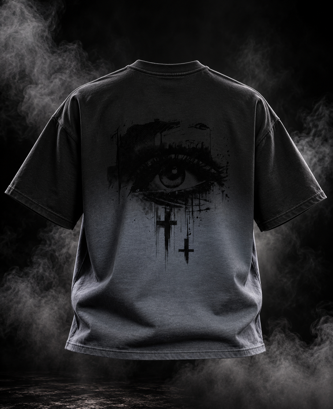 Eyes Dark Ombre Boxy Unisex T-Shirt back view with eye and cross artwork