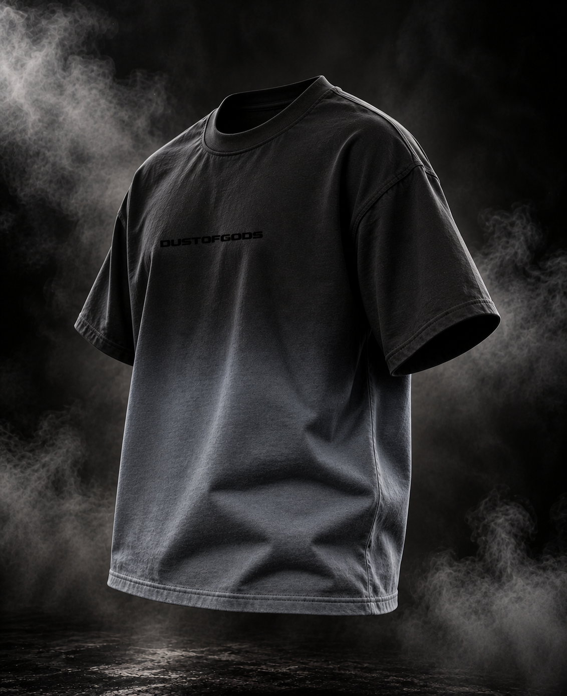Eyes Dark Ombre Boxy Unisex T-Shirt angled front view with subtle DUSTOFGODS chest logo