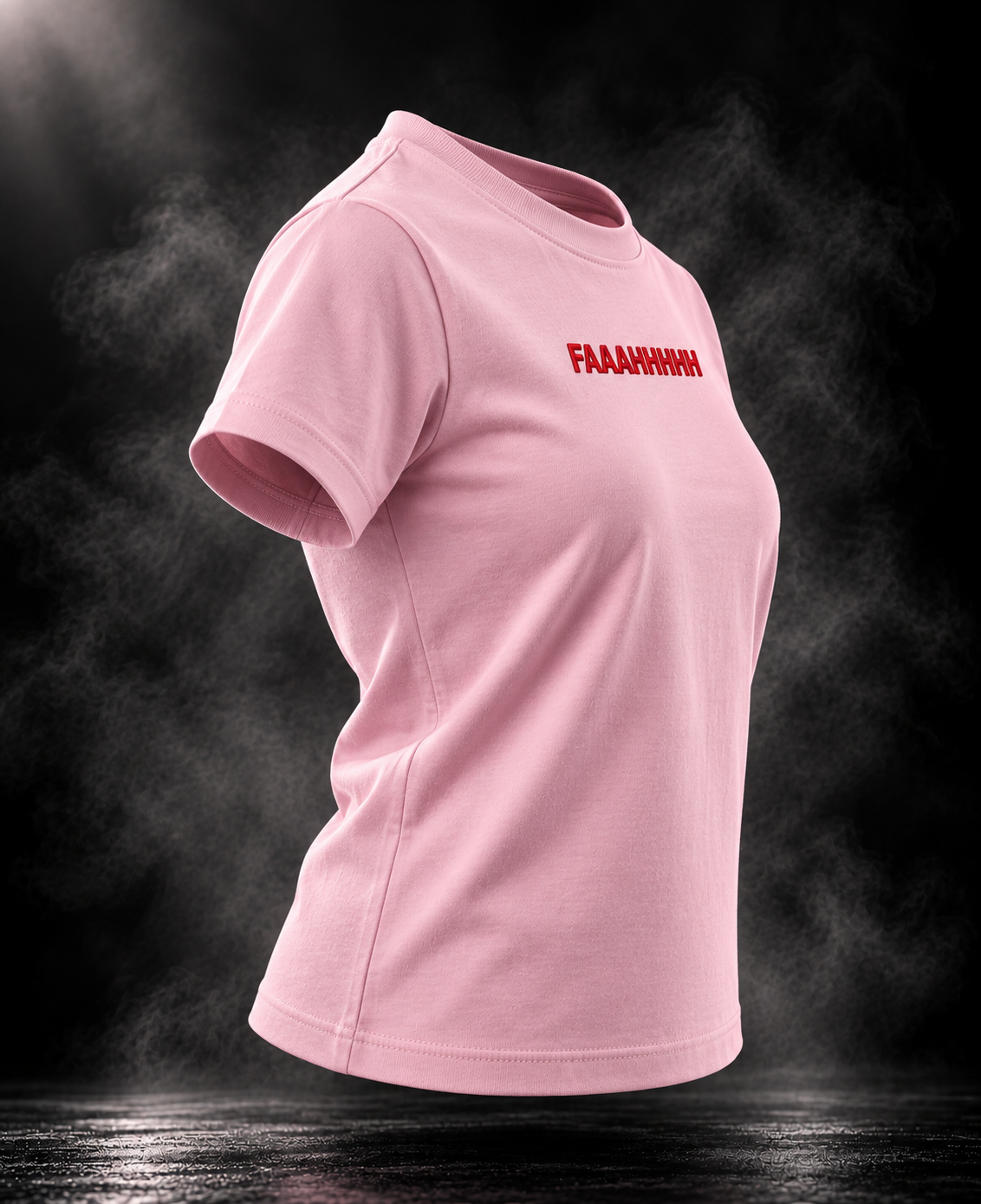 Faaahhhh baby pink fitted baby tee three-quarter front view with red chest typography