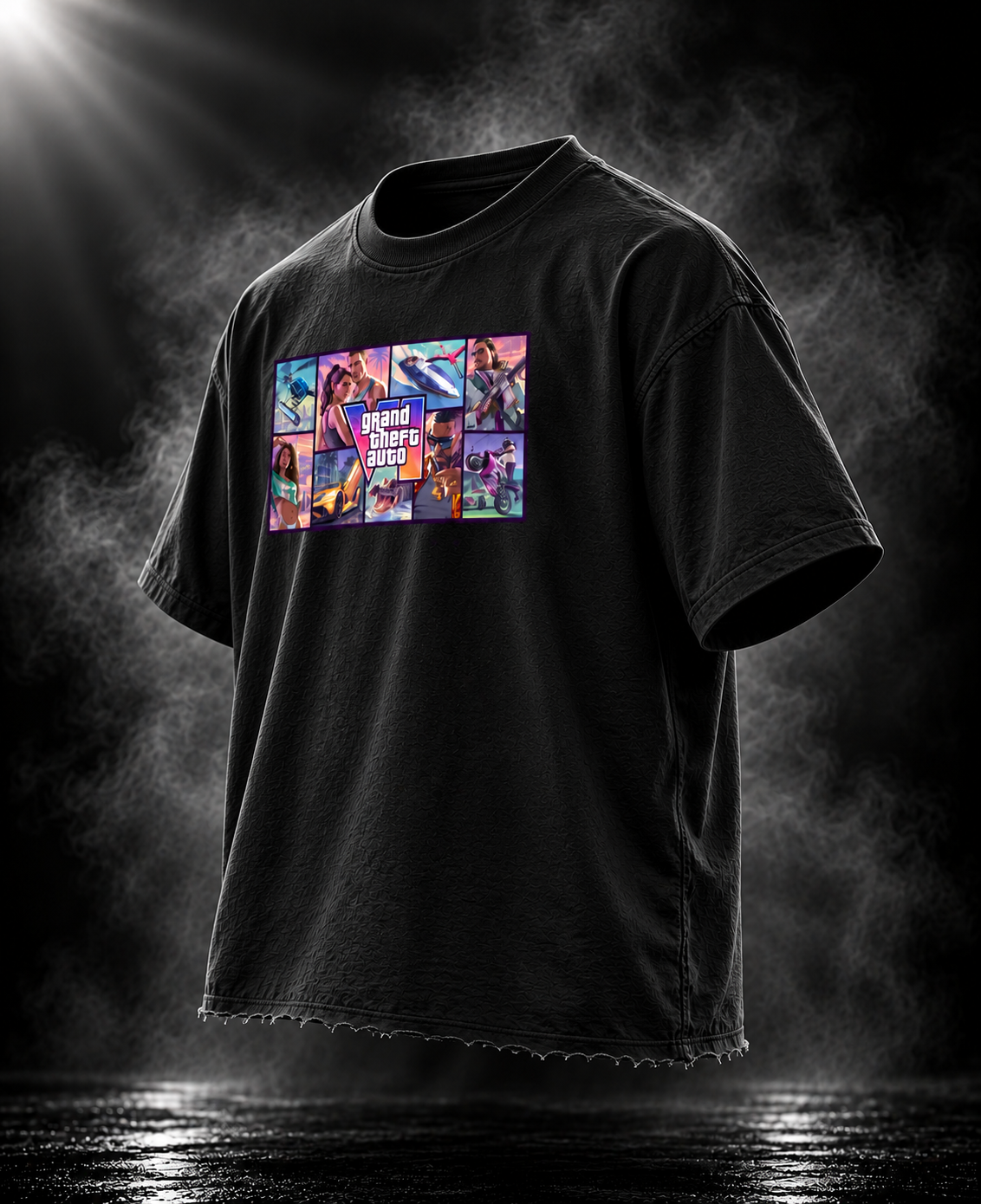 GTA VI DUST OF GODS black boxy fit unisex T-shirt angled view with colorful chest graphic