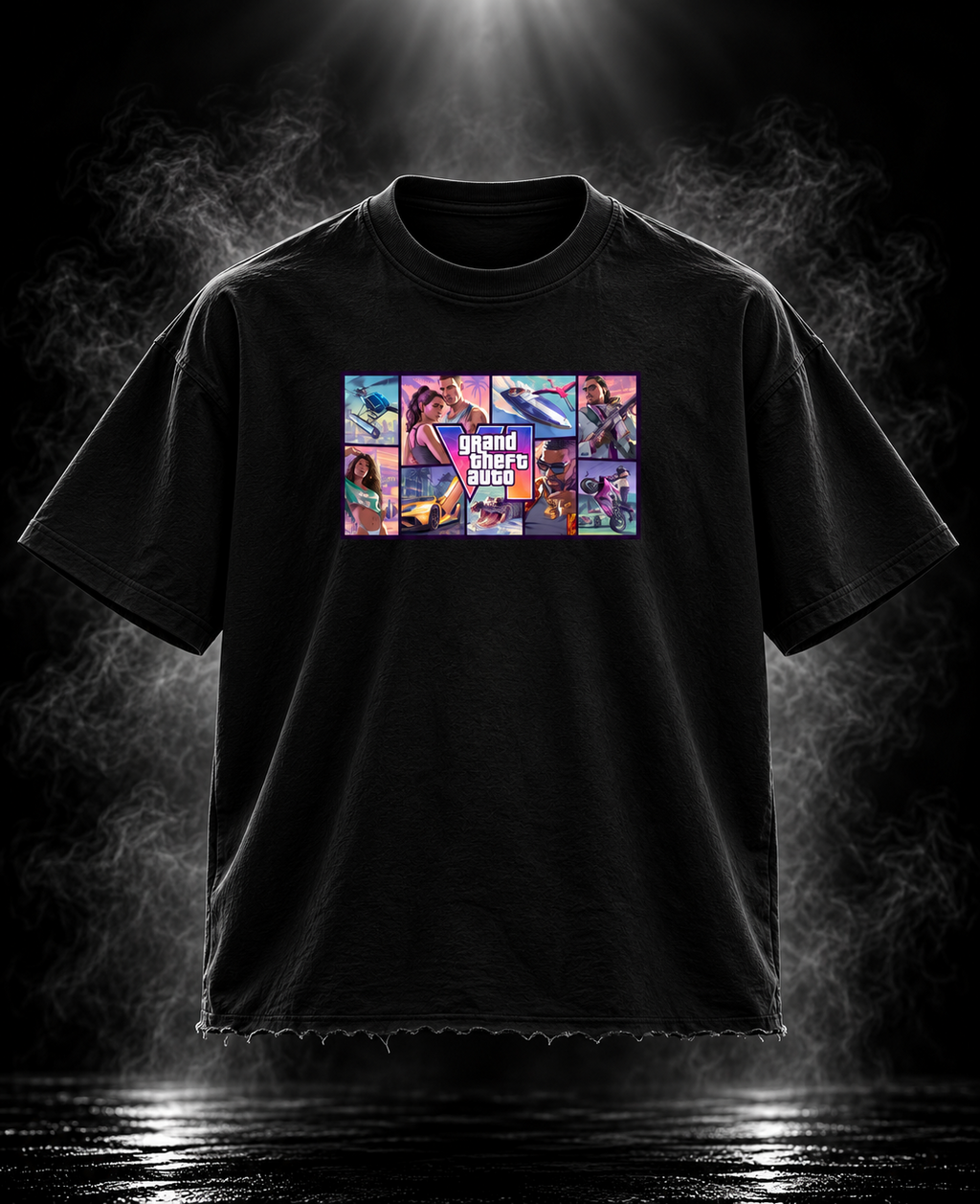 GTA VI DUST OF GODS black boxy fit unisex T-shirt front with colorful GTA VI graphic