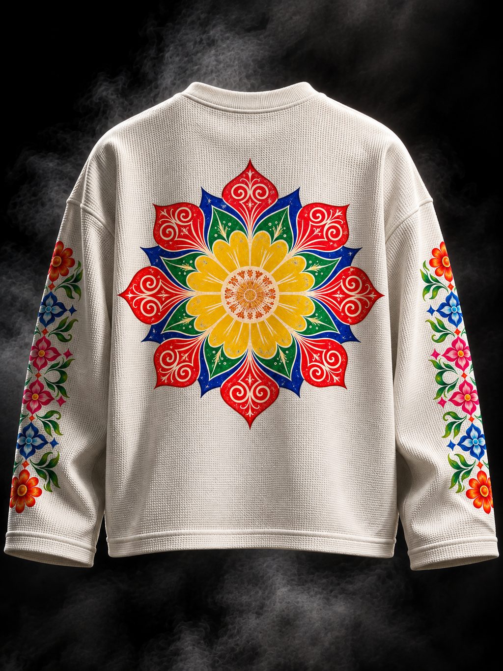 DUST OF GODS Karan Aujla Inspired Peacock Waffle Tshirt back view in off-white with colourful floral medallion and sleeve artwork
