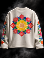 DUST OF GODS Karan Aujla Inspired Peacock Waffle Tshirt back view in off-white with colourful floral medallion and sleeve artwork