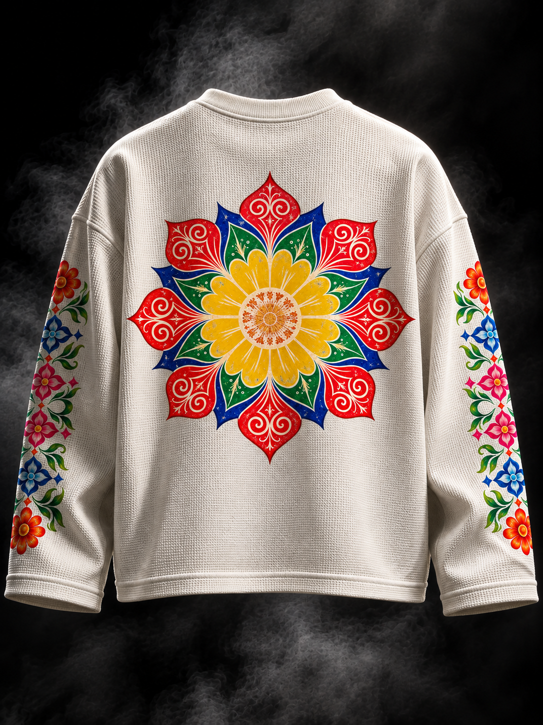 DUST OF GODS Karan Aujla Inspired Peacock Waffle Tshirt back view in off-white with colourful floral medallion and sleeve artwork