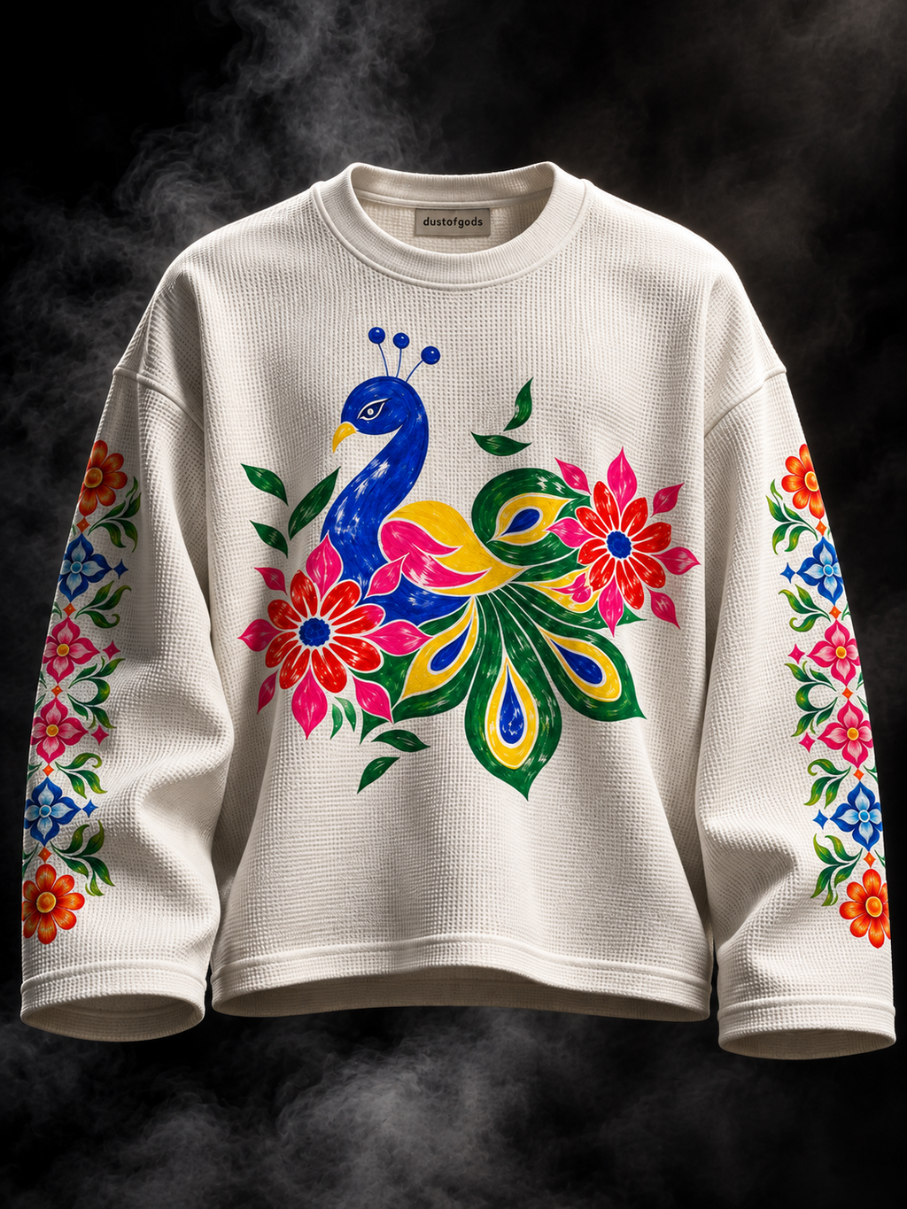 DUST OF GODS Karan Aujla Inspired Peacock Waffle Tshirt front view in off-white with blue and green peacock floral artwork