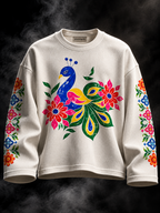 DUST OF GODS Karan Aujla Inspired Peacock Waffle Tshirt front view in off-white with blue and green peacock floral artwork