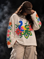 DUST OF GODS Karan Aujla Inspired Peacock Waffle Tshirt worn on model showing oversized off-white fit and floral sleeve artwork