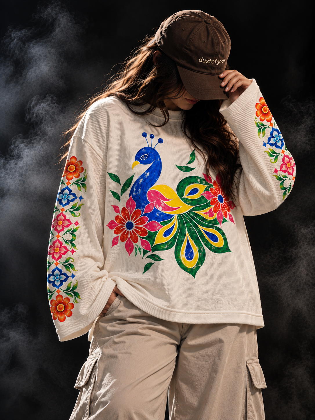 DUST OF GODS Karan Aujla Inspired Peacock Waffle Tshirt worn on model showing oversized off-white fit and floral sleeve artwork