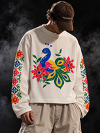 DUST OF GODS Karan Aujla Inspired Peacock Waffle Tshirt worn on model showing oversized off-white fit and peacock artwork