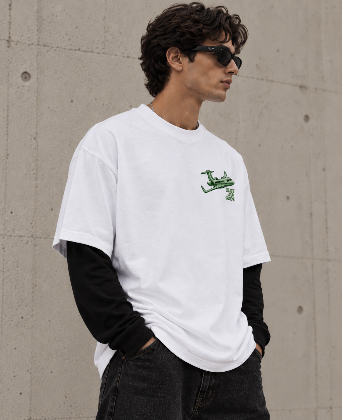 Kid with a Dream Oversized Doctor Sleeve Unisex T-Shirt by DUSTOFGODS, white oversized tee with green airplane chest graphic and black long sleeves.