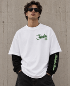 Kid with a Dream Oversized Doctor Sleeve Unisex T-Shirt by DUSTOFGODS, close front view showing the green airplane chest graphic and oversized silhouette.